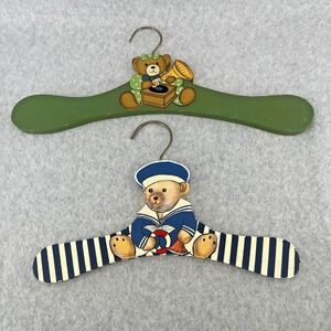Teddy Bear Wooden Hangers Hand Painted 90s Kids Set Of 2 Striped‎ Nursery Decor
